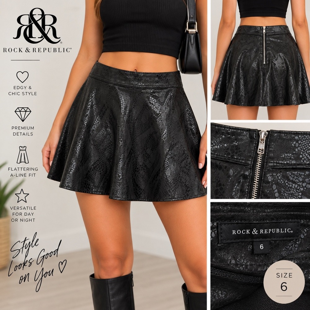 Rock & Republic Womens Black Snakeskin Embossed A-Line Mini Skirt Size 6 NWT